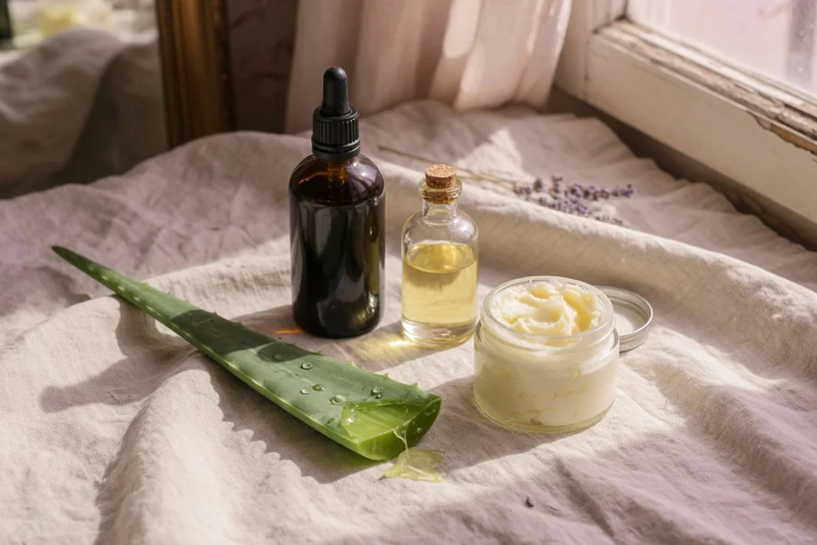 Shea butter, castor oil, jojoba and aloe on linen