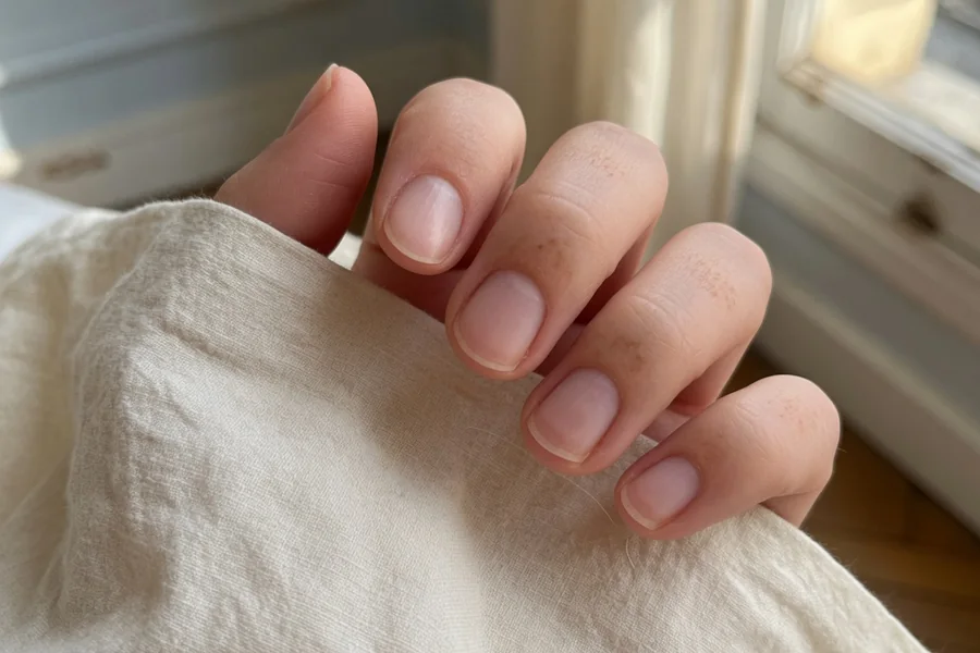 Short, healthy natural nails on cream linen