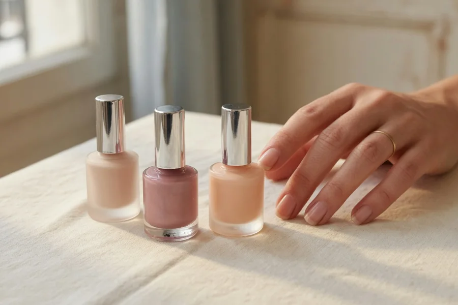 Nude, rose and peach polish bottles beside almond-shaped nails