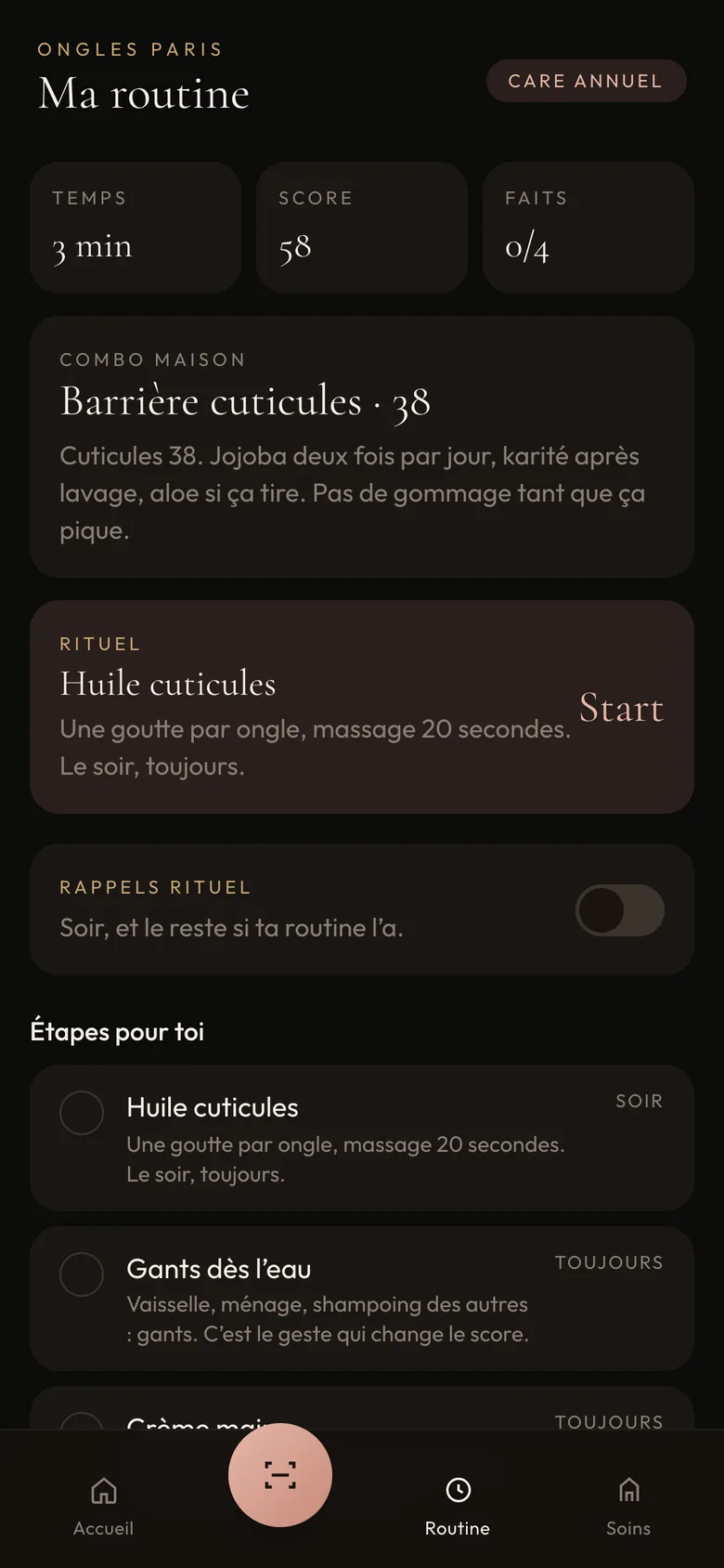 The Routine screen: the evening steps to tick off