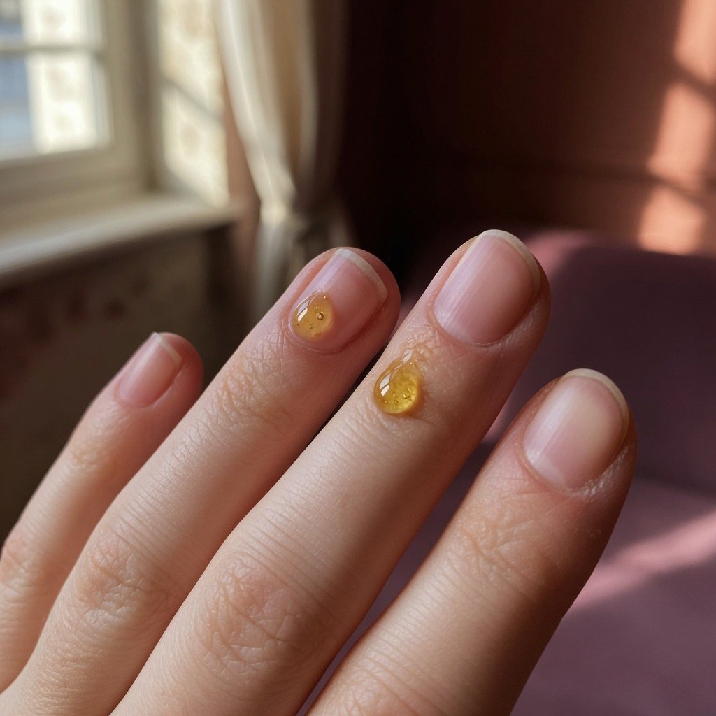 A drop of cuticle oil on a short natural nail