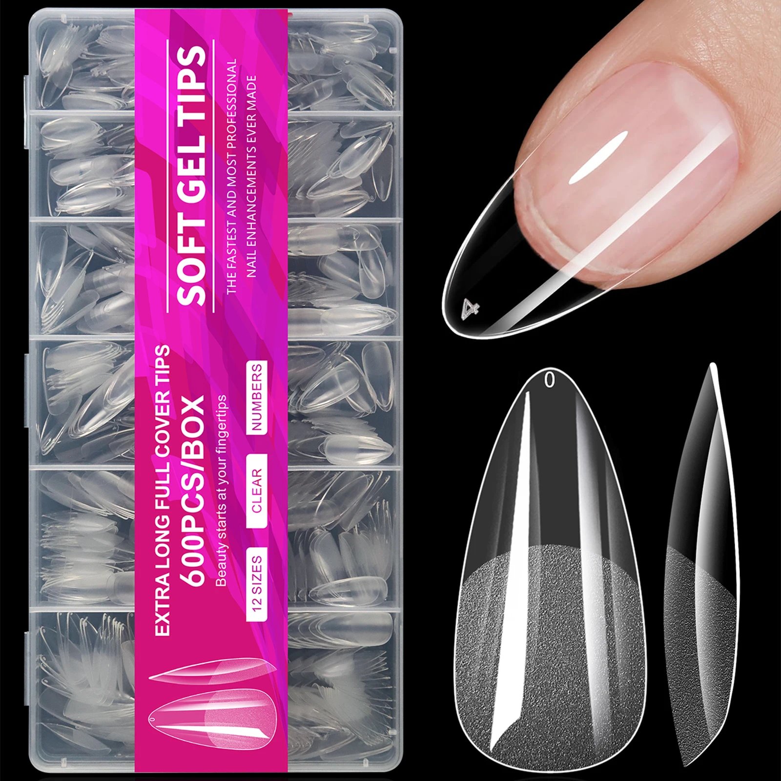 100/320/600Pcs Short Almond Nail Tips Soft Gel Nail Tips Full
