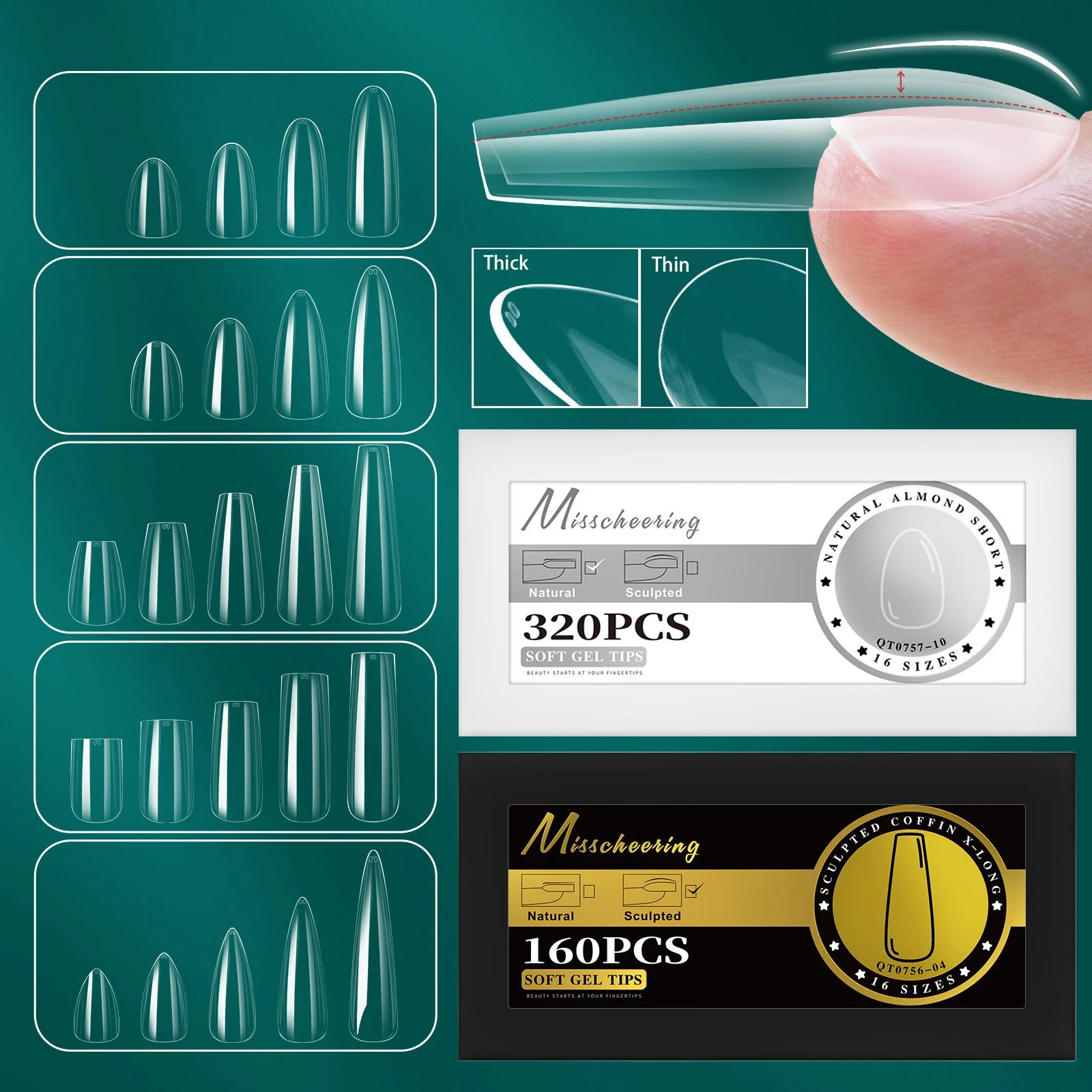 16 Sizes Curved Arch Soft Gel Tips False Nail Sculpted &