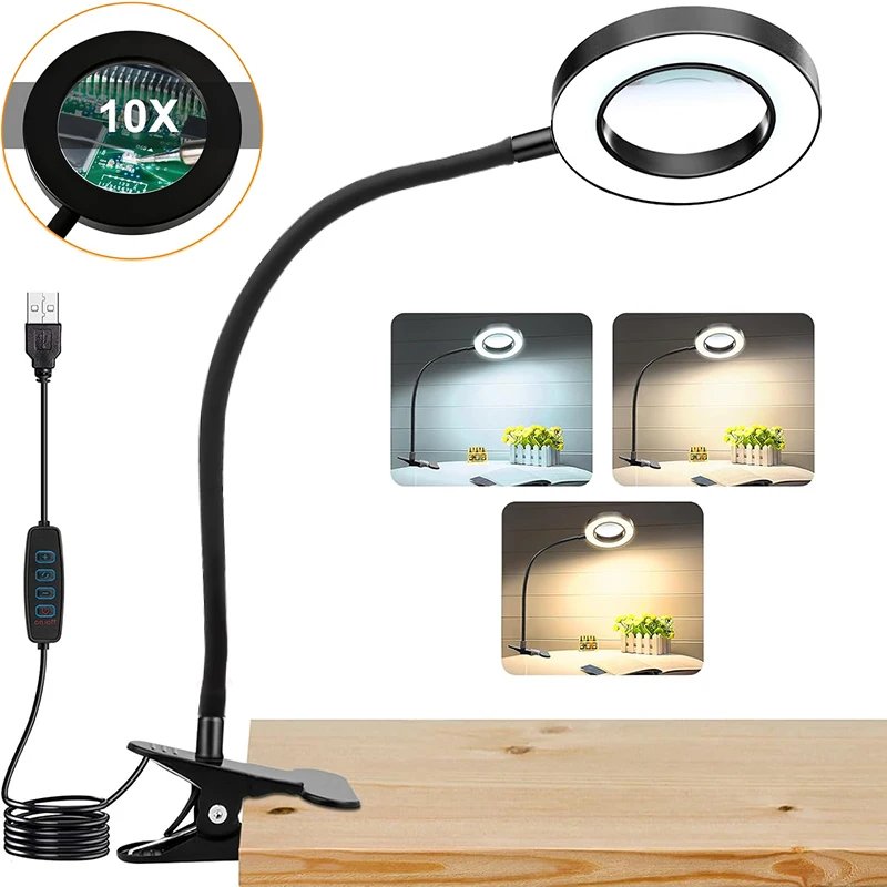 10X Magnifying Glass with 3 Color Modes LED Lighted Desk Lamp