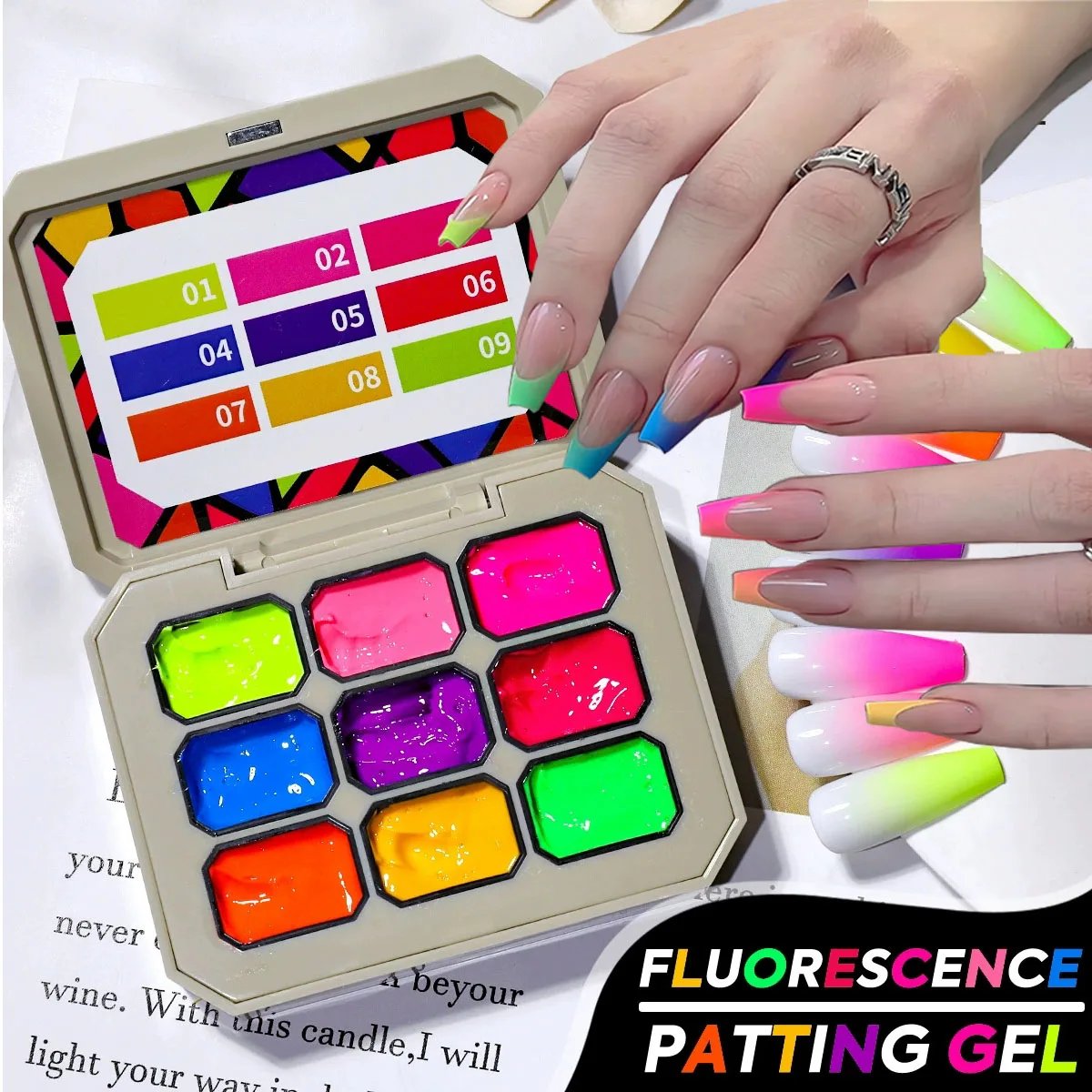1pc Nine Grid Fluorescent Pat Gel Transfer Gel Rainbow Bright