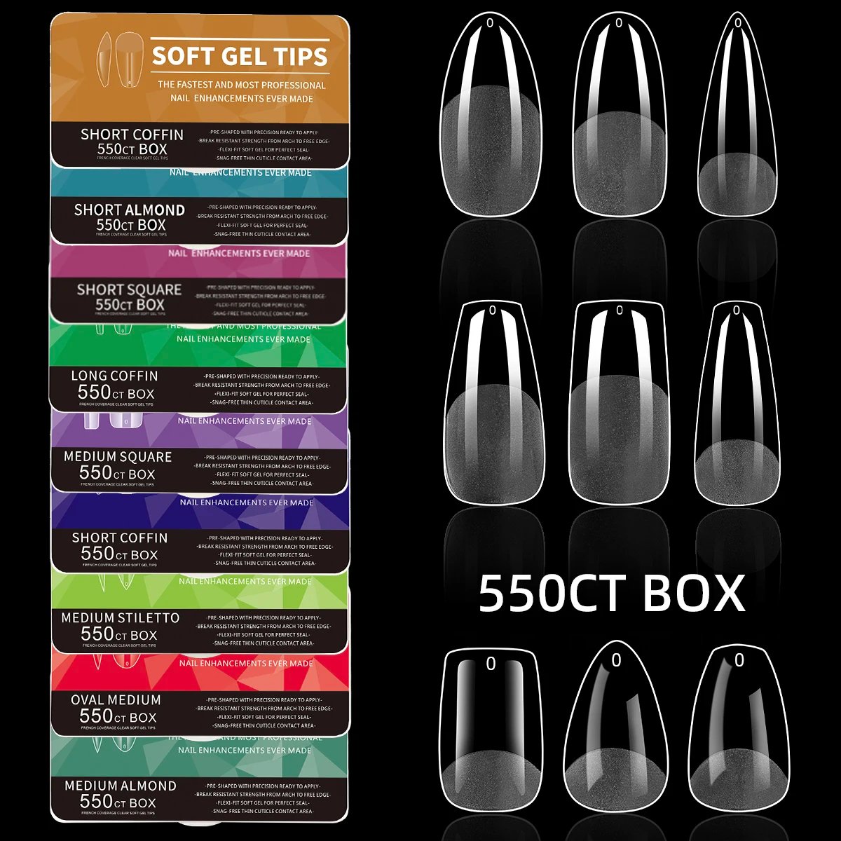 Almond Clear Full-Cover Soft Gel Tips — 550 Pieces