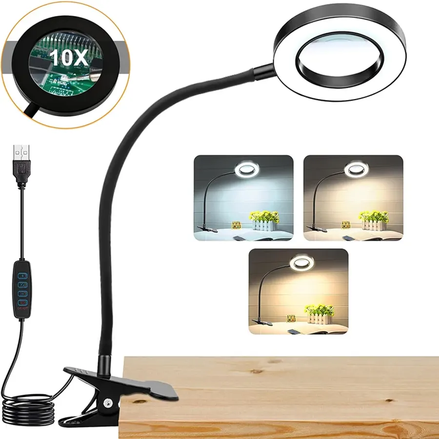 LED Magnifier Lamp — 10×, 3 Light Modes